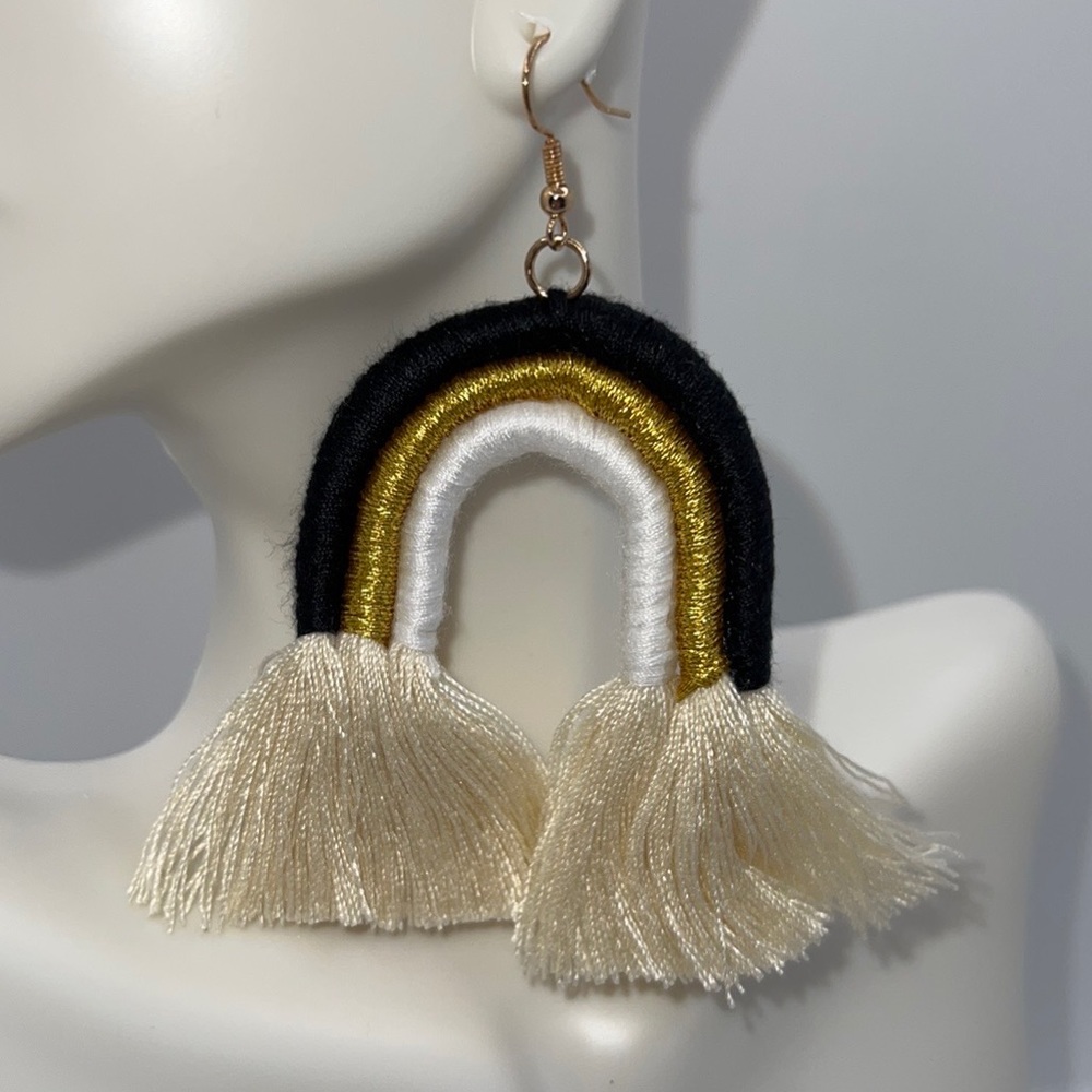 Boho Bow Rainbow U Earring Handmade Tassel NEW Black White Gold Cream